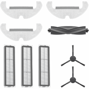 Dreame D10s Plus accessory kit with main brush, side brushes, dust box filters, and mop pads
